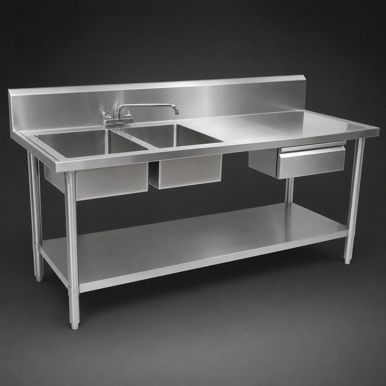 Product image #3 for John Boos 96-Inch 2-Compartment Stainless Steel Sink Table with Left-End Bowls, Cutting Board, Drawer, and 10-Inch Backsplash