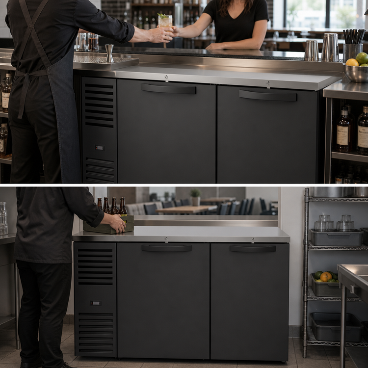 Product image #3 for Two-Section Pass-Thru Single-Zone Refrigerated Back Bar Cooler, 60-Inch Wide, 4 Solid Doors