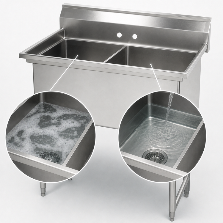 Product image #3 for Advance Tabco 2-Compartment Fabricated Stainless Steel Sink with 18" x 18" x 14" Deep Bowls