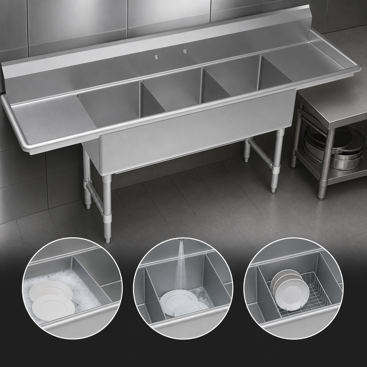 Product image #3 for Krowne Royal Series 90-Inch Wide 3-Compartment Commercial Sink with Left and Right Drainboards, 18" x 18" Bowls