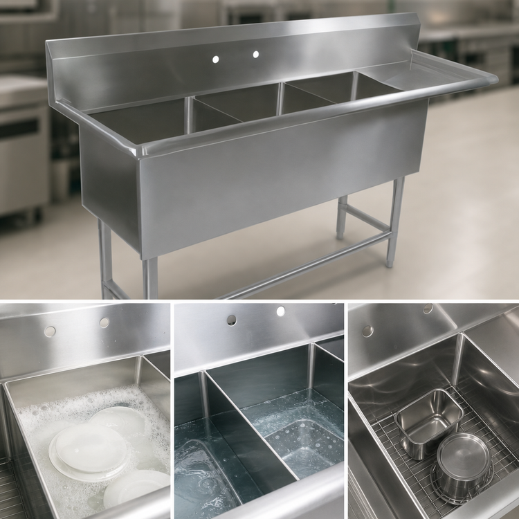 Product image #3 for John Boos Pro-Bowl 3-Compartment Sink with Right Drainboard, 18 x 24 x 12 Inch Bowls, 16-Gauge Stainless Steel