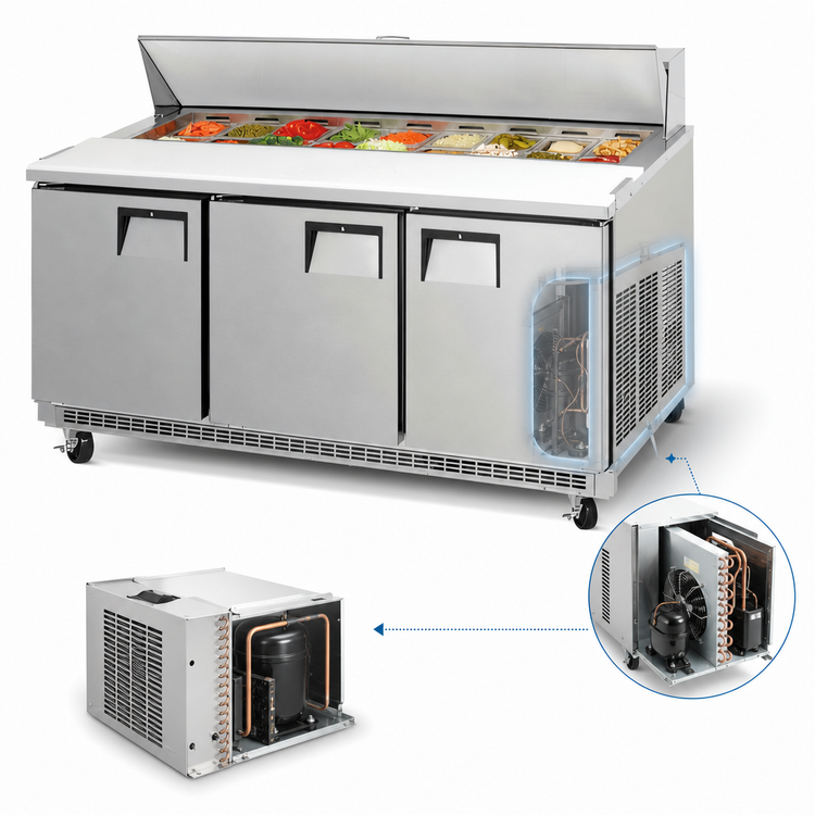 Product image #3 for Everest Refrigeration EPBNR3 Three-Section Back-Mounted Sandwich Prep Table with 18 1/6-Size Pan Opening, 71-1/8" W, 19 Cu. Ft.