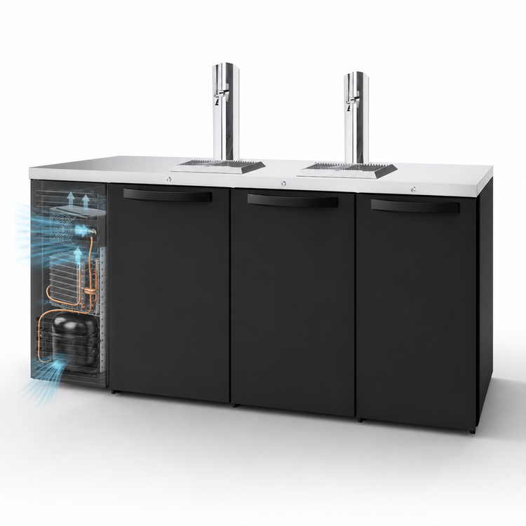 Product image #3 for True Three-Section 72-Inch Refrigerated Draft Beer Cooler with 2 Columns and Stainless Countertop