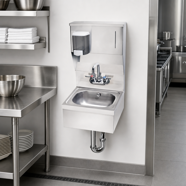 Product image #3 for Krowne HS-8 16-Inch Wall Mounted Stainless Steel Hand Sink with Faucet, Soap & Towel Dispenser and Skirt