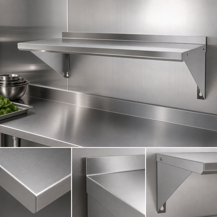 Product image #3 for BK Resources T-304 48 Inch x 12 Inch 18-Gauge Stainless Steel Wall Shelf with 1-1/2 Inch Rear Turn-Up