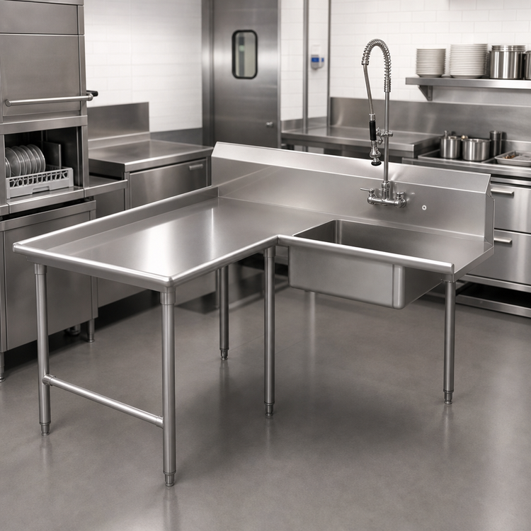 Product image #3 for John Boos Pro-Bowl L-Shaped Island Soiled Dishtable with 20 x 20 x 8 Inch Pre-Rinse Sink Bowl, Left-to-Right Operation