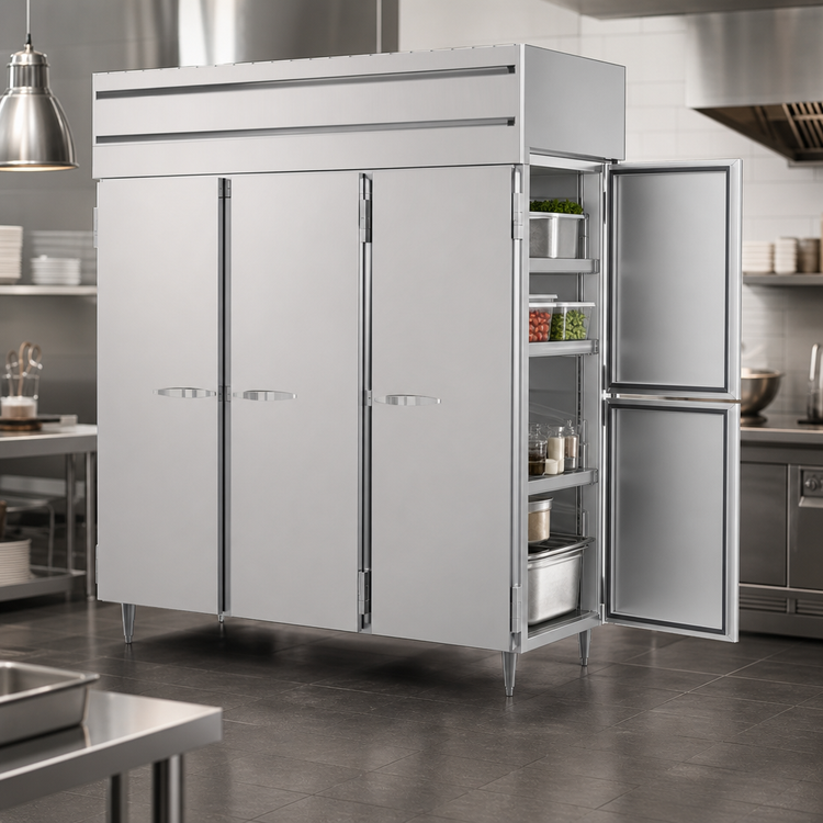 Product image #3 for Beverage-Air P-Series PRD3HC-1AS Three-Section Pass-Thru Reach-In Refrigerator, 6 Solid Doors, 73.99 Cu. Ft., Top-Mounted Self-Contained Refrigeration