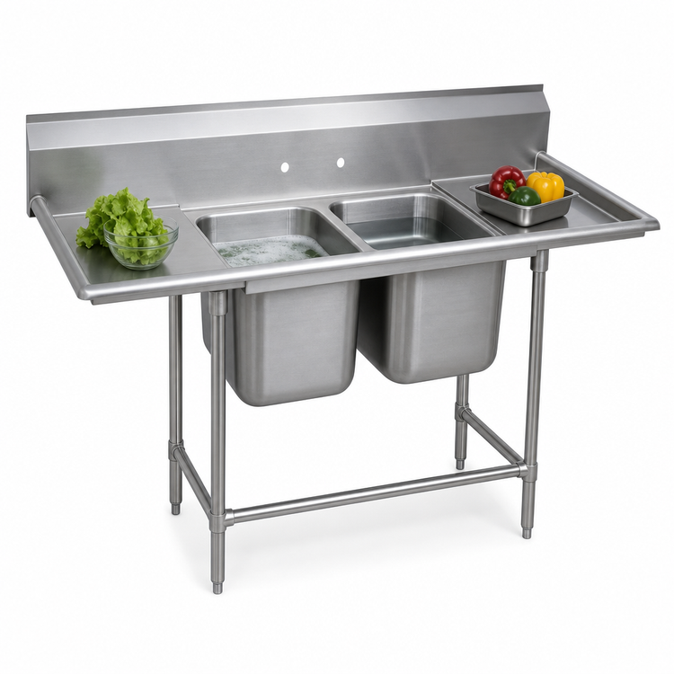 Product image #3 for Advance Tabco Regaline 2-Compartment Stainless Steel Sink with Left and Right Drainboards, 24 x 24 Inch Bowls, 11 Inch Backsplash