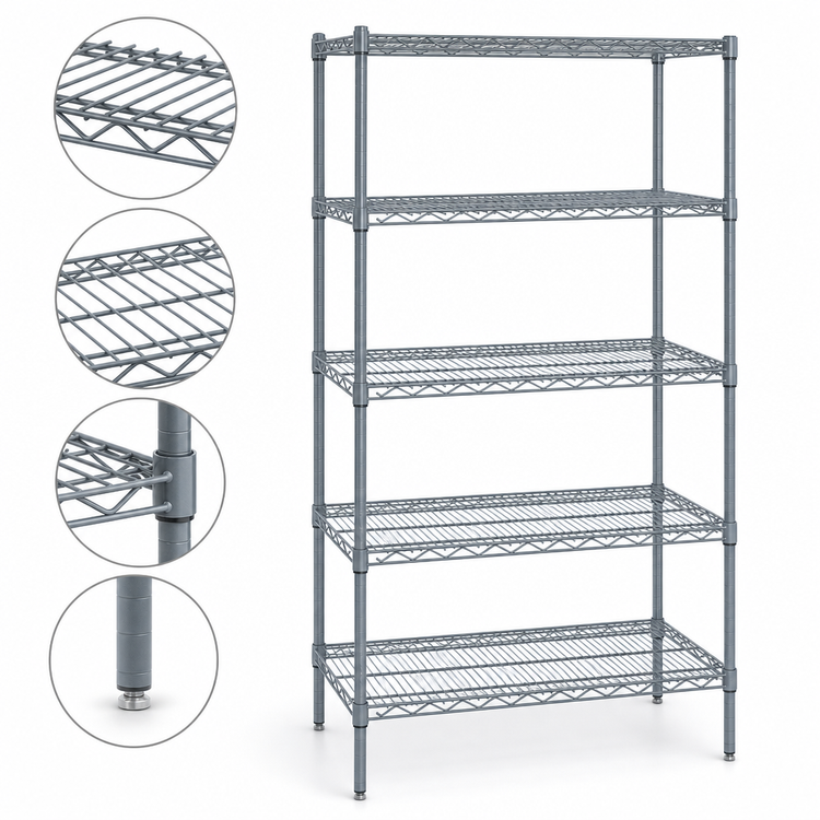 Product image #4 for Quantum Stationary Wire Shelving Starter Kit, 30 Inch W x 21 Inch D x 86 Inch H, 5 Shelves, Gray Epoxy Finish