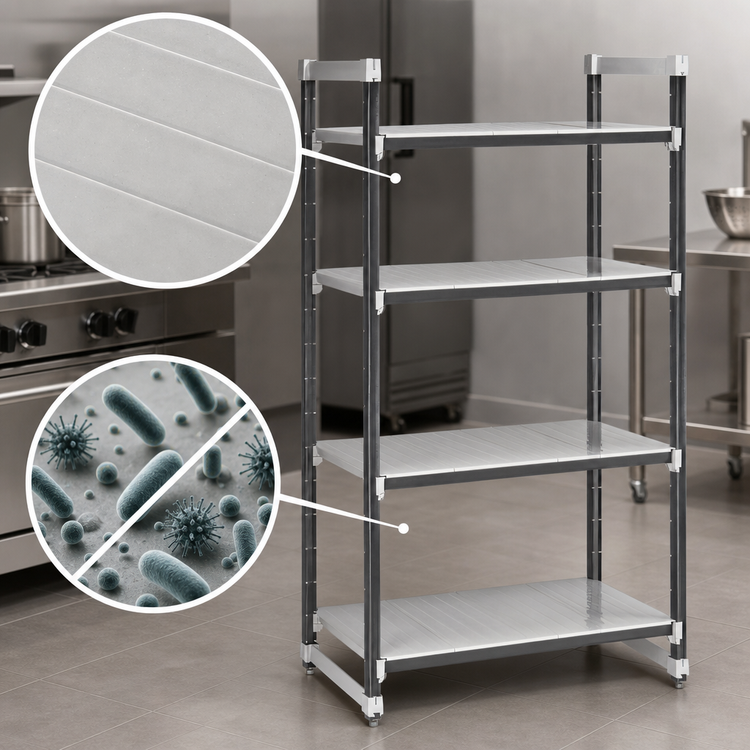 Product image #3 for Cambro Camshelving Elements XTRA 4-Tier Stationary Starter Shelving Unit, 48 x 21 x 64 Inches, Solid Shelves, Speckled Gray