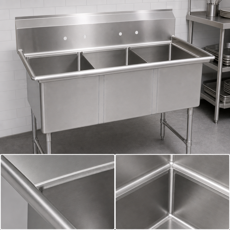 Product image #3 for BK Resources 77-1/8" Three-Compartment 304 Stainless Steel Commercial Sink with 10" Backsplash