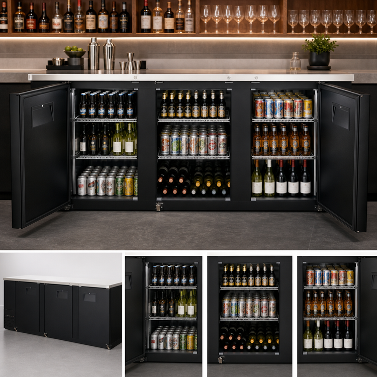 Product image #3 for Everest Refrigeration EBB90 Three-Section Back Bar Refrigerator, 89-1/4 Inch Wide, 32 Cu. Ft., Black Vinyl