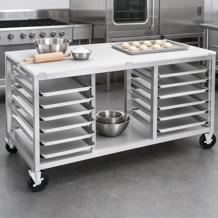Product image #3 for 48 Inch x 24 Inch Double-Section Aluminum Bun Pan Rack Work Table with Poly Top, End-Load Slides, Open Shelf, and Casters