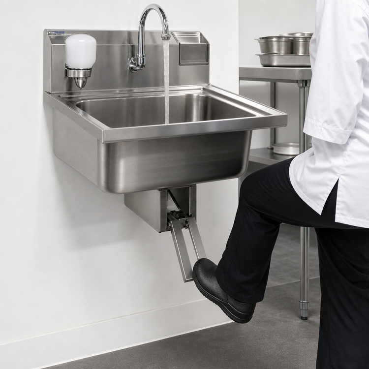 Product image #3 for 15-3/4 x 19-3/4 Inch Wall-Mounted 304 Stainless Steel Lavatory Hand Sink with Knee Valve, Gooseneck Spout, and Soap Dispenser