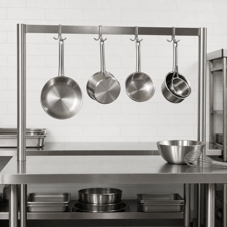 Product image #3 for John Boos Table-Mounted Single-Bar Stainless Steel Pot Rack with 4 Double Hooks