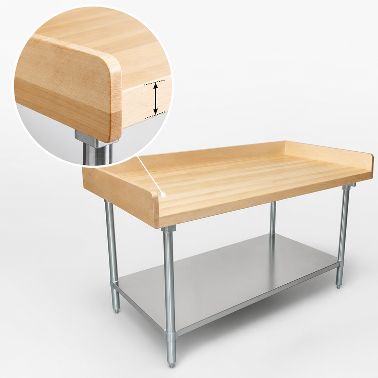 Product image #3 for Advance Tabco 84" x 36" Wood-Top Bakers' Work Table with 4" Rear and Side Splash, Stainless Steel Undershelf and Legs