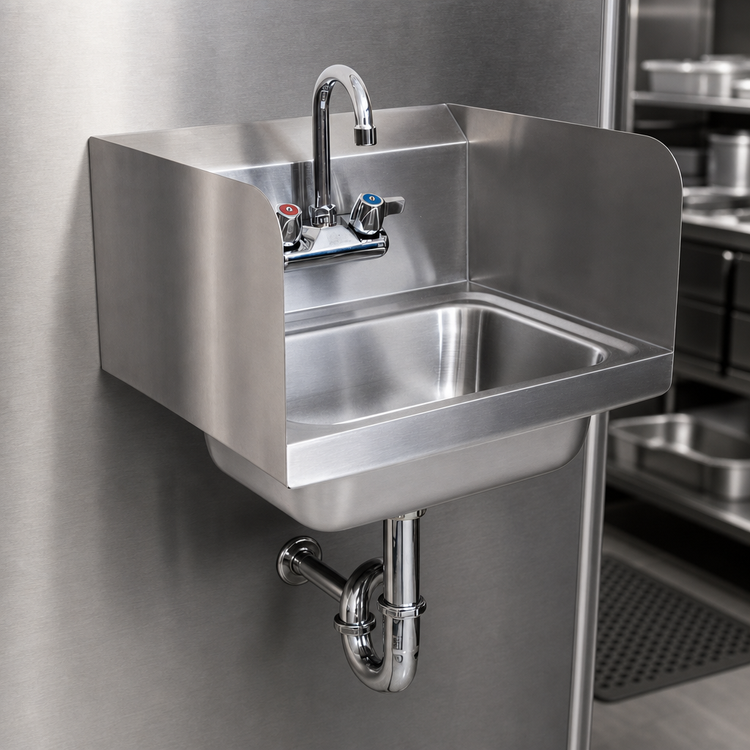 Product image #3 for BK Resources Wall-Mounted 304 Stainless Steel Hand Sink with Side Splashes and Faucet, 14 x 10 x 5-Inch Bowl