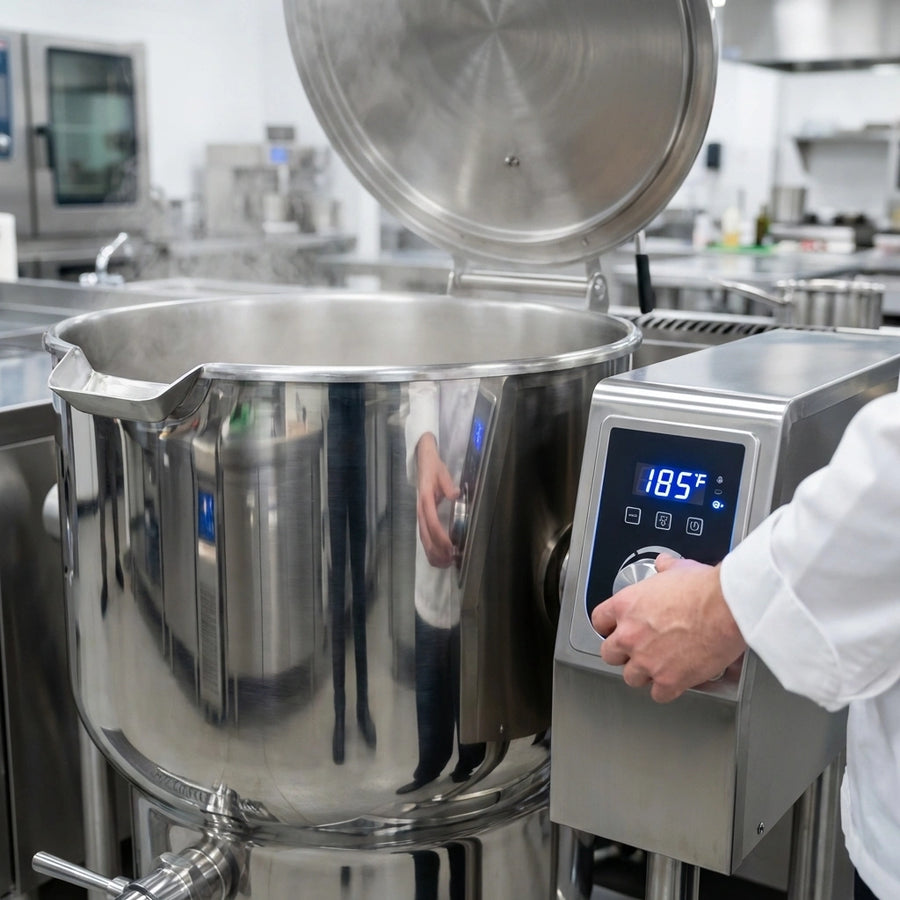 Experience precise and consistent temperature regulation with the advanced thermostatic control panel on this 40-gallon electric tilting steam kettle.