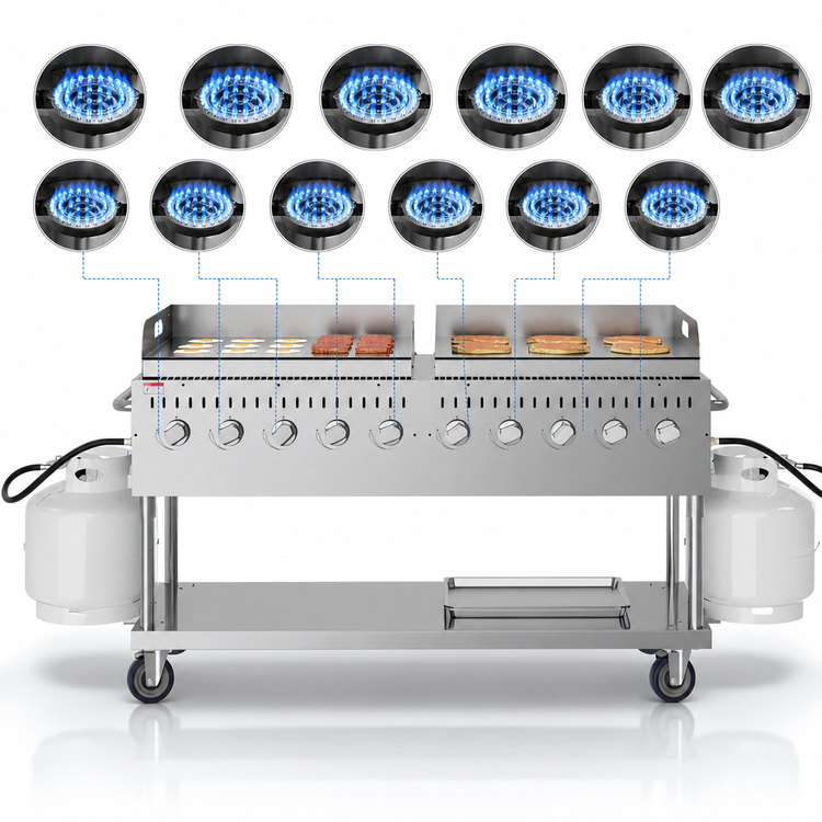 Product image #3 for KoolMore 10-Burner Mobile Outdoor Propane Gas Charbroiler Grill with Dual 36-Inch Griddle Plates