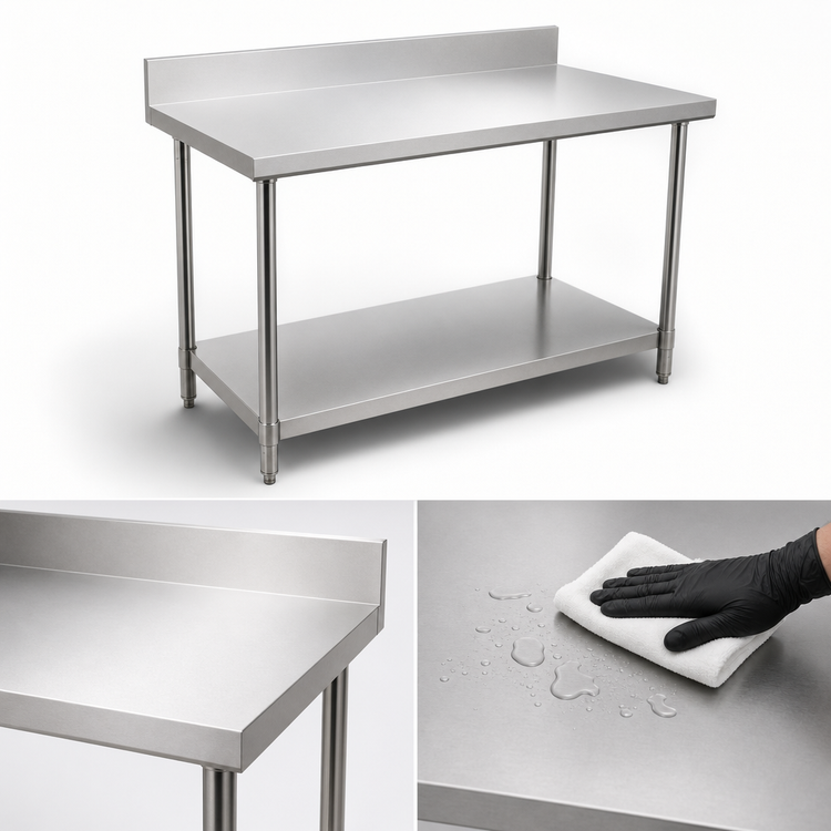 Product image #3 for Omcan USA 60-Inch x 30-Inch 20-Gauge 430 Stainless Steel Work Table with 4-Inch Backsplash and Undershelf