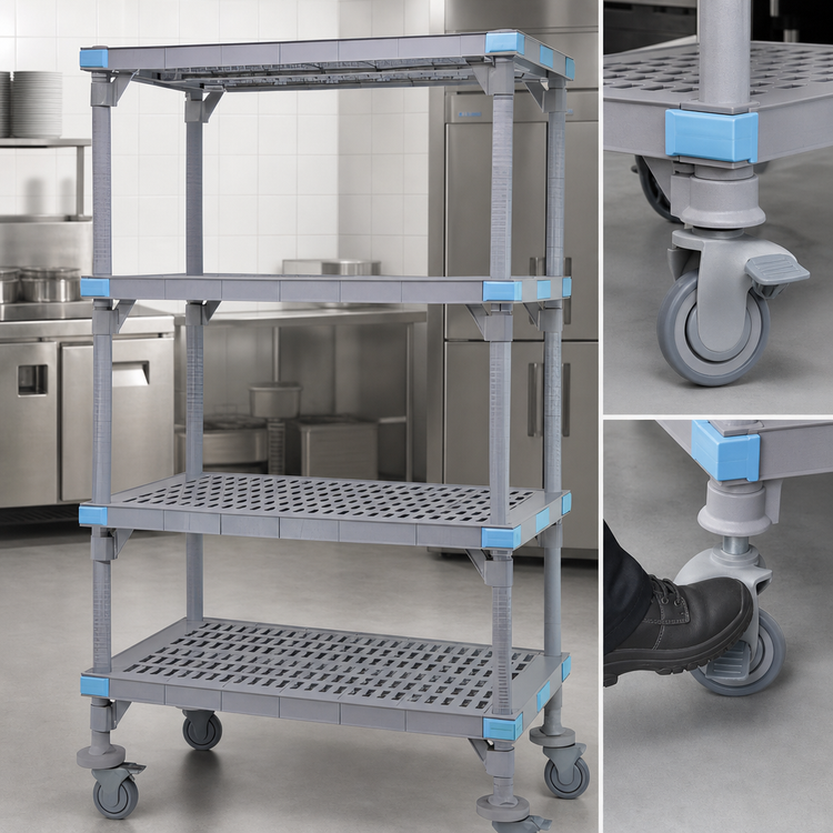Product image #3 for Quantum Millenia Mobile Polymer Shelving Starter Unit with 4 Open Grid Shelves, 72 x 24 x 74 Inches, Gray