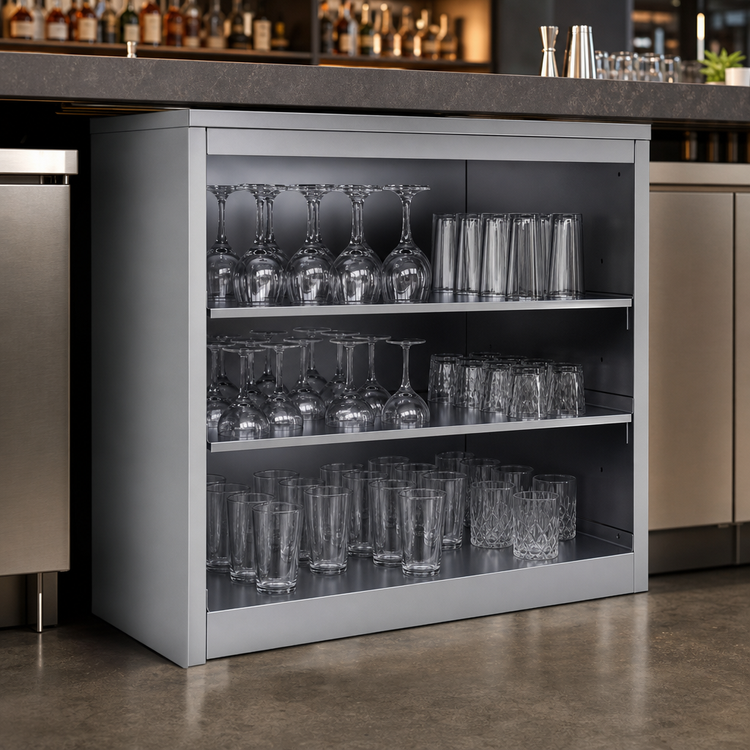 Product image #3 for 30-Inch Open Front Stationary Back Bar Glass Storage Cabinet with 3 Adjustable Stainless Steel Shelves