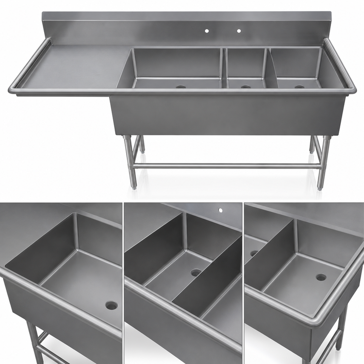 Product image #3 for John Boos Pro-Bowl 3-Compartment Platter Sink with 30-Inch Left Drainboard, 90-3/16"W x 29-1/2"D x 43"H