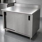 Thumbnail image #3 for Advance Tabco CK-SS-366M 72 x 36 Inch Enclosed Work Table, Cabinet Base with Mid-Shelf and Sliding Doors, 14 Gauge 304 Stainless Top, 5 Inch Backspl