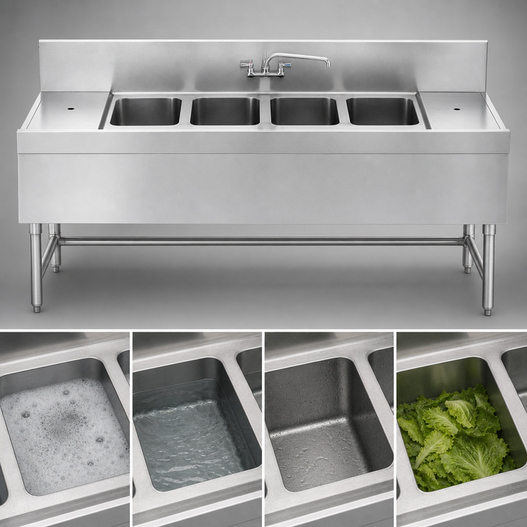 Product image #3 for Spec-Bar Four-Compartment Underbar Sink Unit with Left and Right Drainboards, 72 Inch x 19 Inch