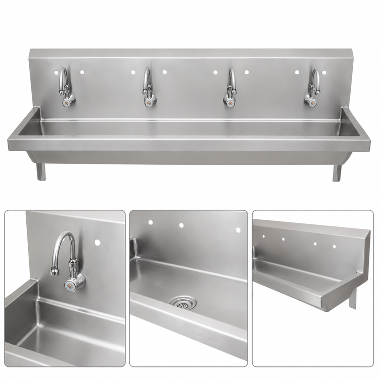 Product image #3 for BK Resources ADA Four-Station Wall-Mount Stainless Steel Handwash Sink, 96 Inch