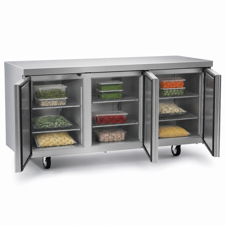 Product image #3 for Delfield 72-Inch Three-Section Worktop Freezer with 3 Doors, Rear-Mounted Self-Contained R290 Refrigeration