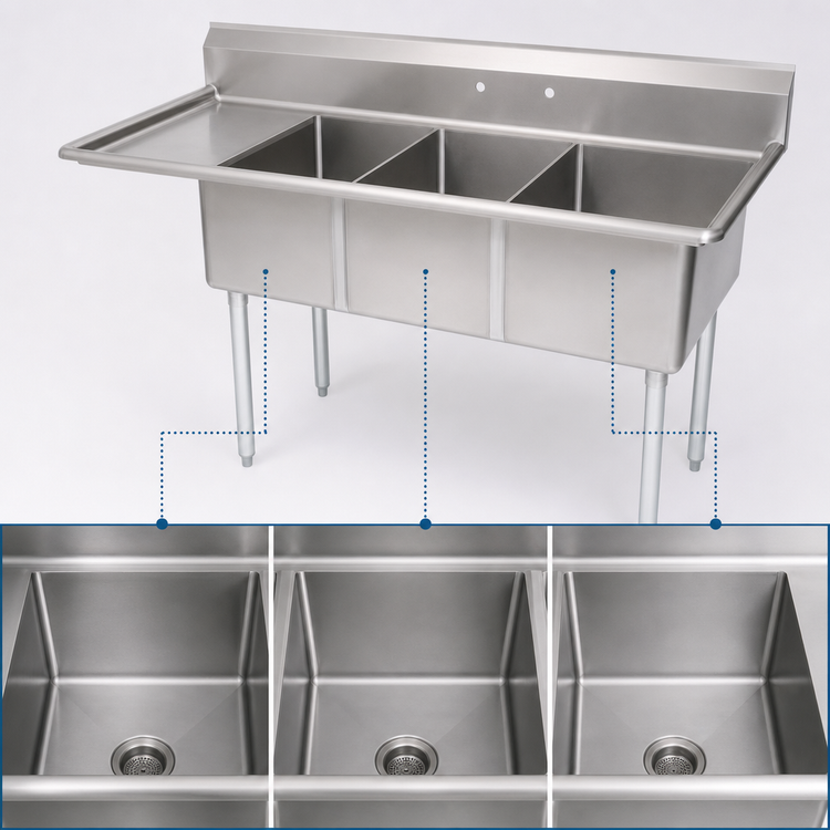 Product image #3 for John Boos E-Series 3-Compartment Stainless Steel Sink with Left Drainboard, 68-1/2 in. W x 25-1/2 in. D x 43-3/4 in. H