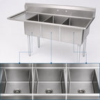 Thumbnail image #3 for John Boos E3S8-1620-12L18 3-Compartment Stainless Steel Sink with Left Drainboard, 18-Gauge 300 Series, 68-1/2 in. W