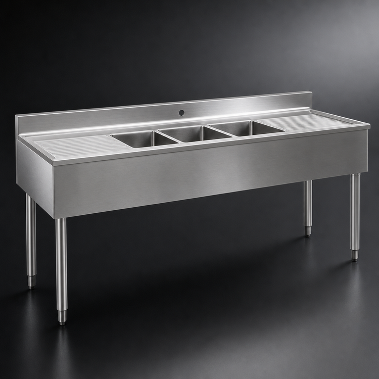 Product image #3 for Eagle Group 2200 Series Three-Compartment Underbar Sink Unit with Left and Right Drainboards, 96" x 24", 304 Stainless Steel