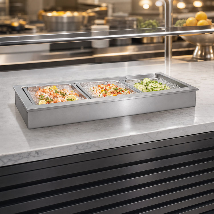 Product image #3 for Delfield Narrow Drop-In Self-Contained Refrigerated Cold Pan, 3-Pan Capacity