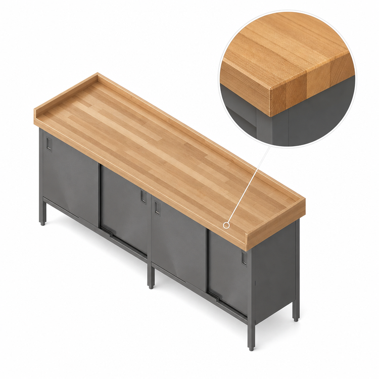 Product image #3 for John Boos Enclosed Base Wood Top Work Table with Sliding Doors, 132 x 24 Inches, 1-3/4 Inch Maple Top