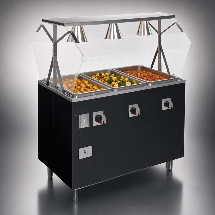 Product image #3 for Vollrath 2-Series Affordable Portable 3-Well Mobile Open Well Hot Food Station with Buffet Breath Guard, Lights, and Storage Doors, 120/208-240V