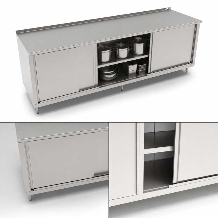 Product image #3 for John Boos 96" x 24" Stainless Steel Enclosed Work Table with Cabinet Base and Sliding Doors