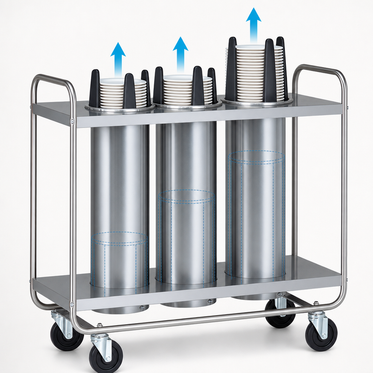 Product image #3 for Dinex Mobile Unheated Triple-Tube Plate and Bowl Dispenser, Open Tubular Frame, Stainless Steel