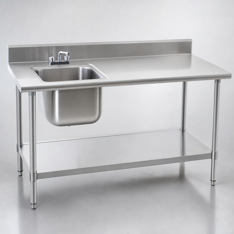 Product image #3 for Eagle Group Deluxe Stainless Steel Sink Work Table with Adjustable Undershelf, 60"W x 30"D x 35-1/8"H, Left 1-Bowl, 4-1/2" Backsplash