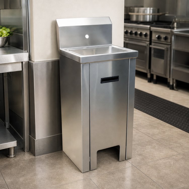 Product image #3 for BK Resources Pedestal Hand Sink with 14" x 10" x 5" Bowl, 304 Stainless Steel, Single-Hole Splash Mount