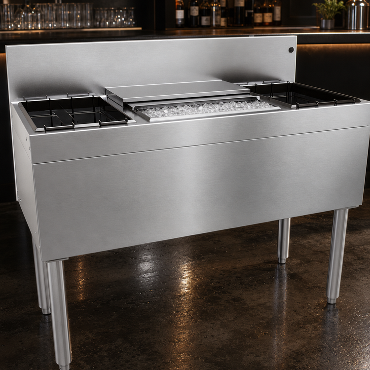 Product image #3 for Glastender CBA-42 Stainless Steel Underbar Combo Ice Bin and Cocktail Unit with Dual Bottle Wells, 42 Inch, 50 lb. Ice Capacity