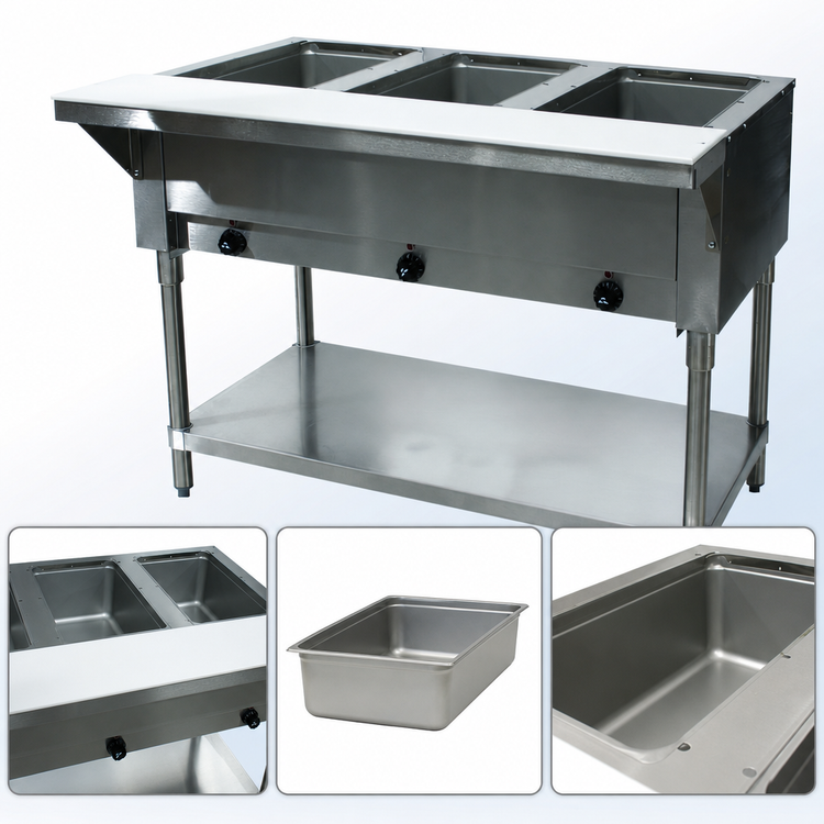 Product image #3 for Advance Tabco Triumph (Supreme) 3-Well Electric Hot Food Table with Open Base and Poly Cutting Board, 47-1/8 Inch Wide