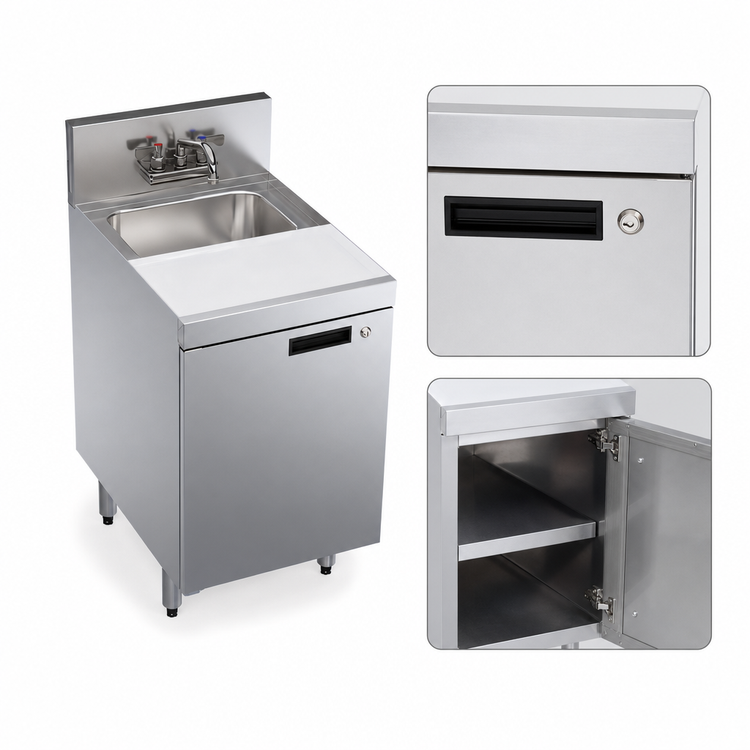 Product image #3 for Krowne Royal Series 18-Inch Wide Underbar Speed Station with Dump Sink, Cutting Board, Cabinet Base and Locking Hinged Door