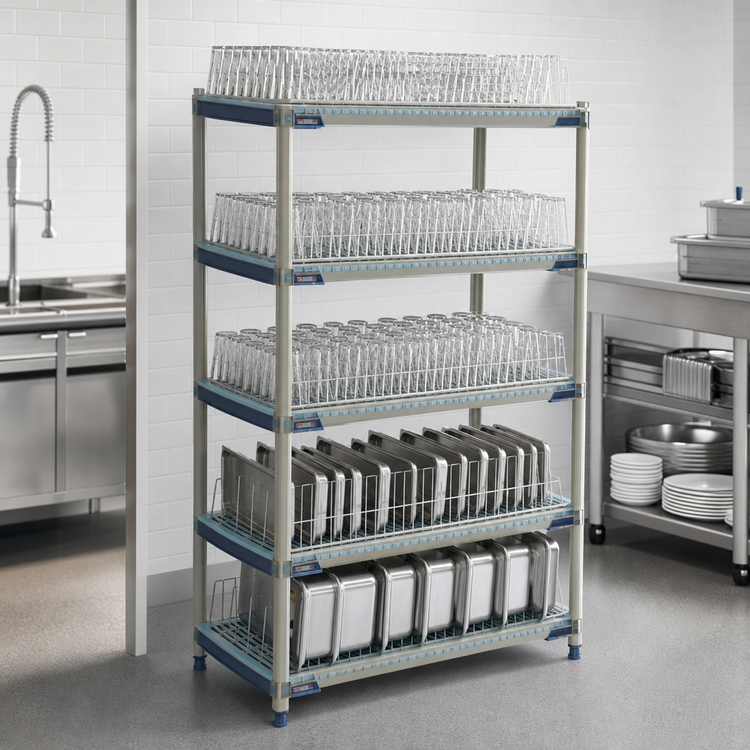 Product image #3 for MetroMax i All-Polymer 4-Tier Stationary Drying Rack Unit with Tray and Pan Racks, 48W x 24D