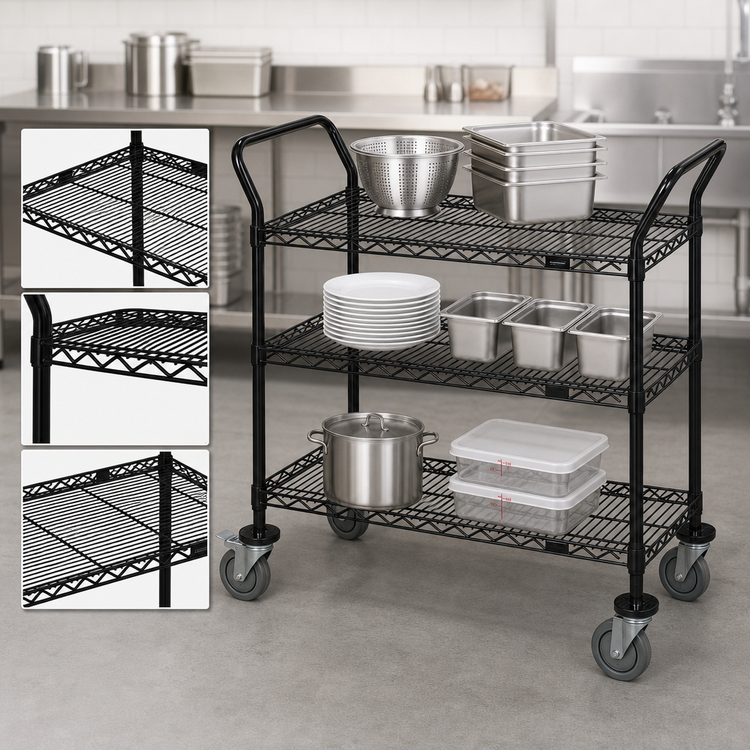 Product image #3 for Quantum 60 Inch x 18 Inch 3-Shelf Wire Utility Bus Cart, Black Epoxy, 1200 lb Capacity