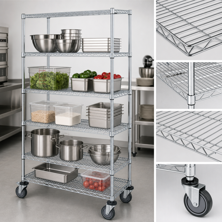 Product image #3 for Quantum 60-Inch x 24-Inch Mobile Wire Shelving Cart with 5 Shelves, Chrome-Plated Finish