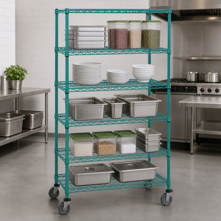 Product image #3 for Quantum 5-Shelf Mobile Wire Shelving Cart, 36W x 24D x 69H, Green Epoxy Coated