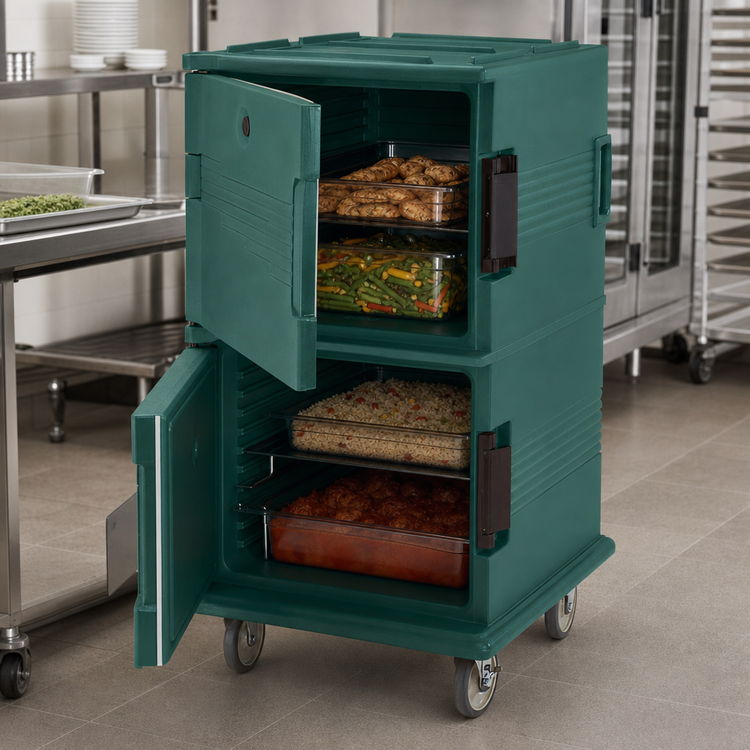 Product image #4 for Cambro Ultra Camcart Non-Electric Double-Compartment Front-Loading Insulated Food Pan Carrier with Heavy-Duty Casters, Granite Green
