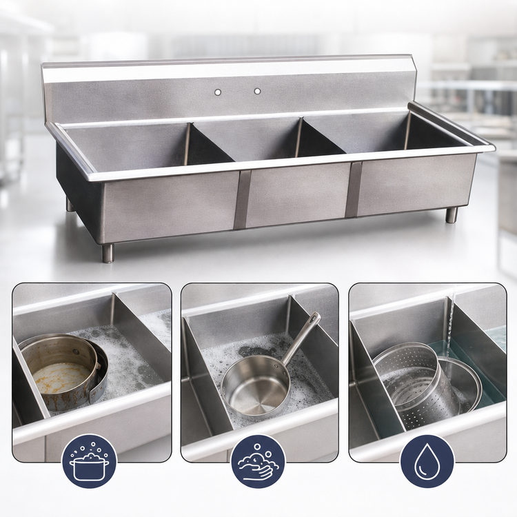 Product image #3 for Omcan USA Commercial 3-Compartment Pot Sink with 24 x 24 x 14 Inch Bowls, 304 Stainless Steel, and Galvanized Legs